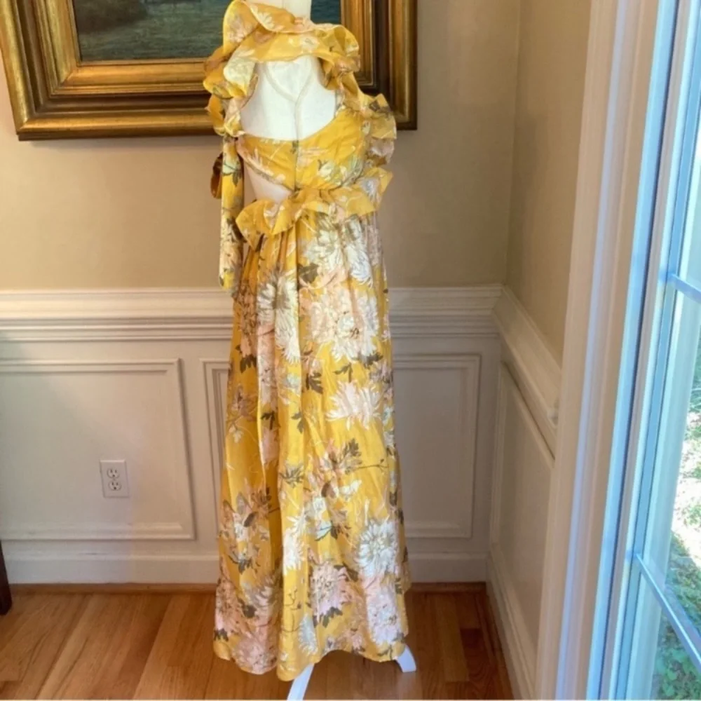 H&M Yellow Floral Ruffle Plunge Open Back Lyocell Midi Dress NWT - Picture 6 of 15